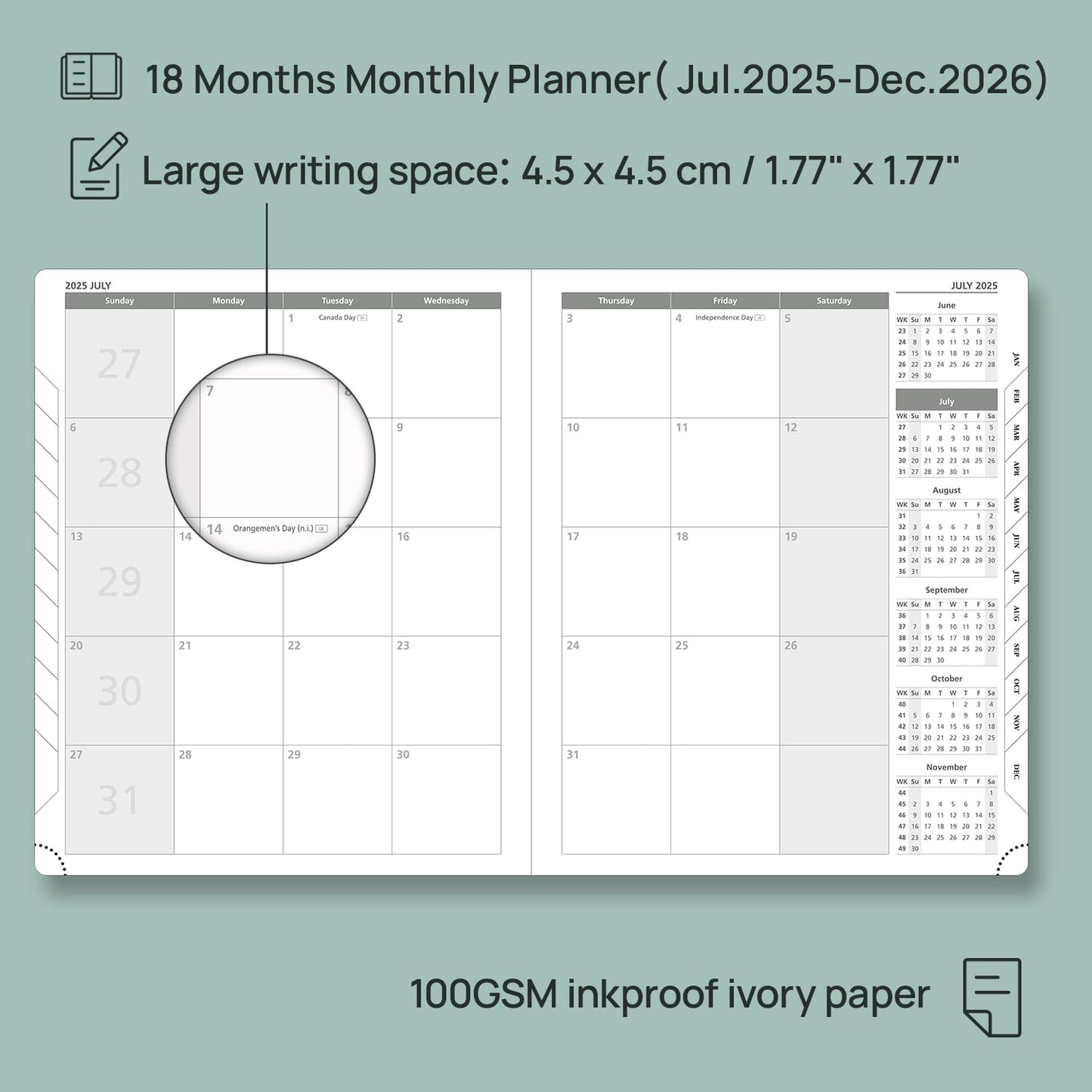 POPRUN Monthly Planner 2025-2026 (Large- 8.5" x 10.5" Soft Cover), 18-Month Calendar Book (Jul.2025-Dec.2026), Calendar Planner with Monthly Tabs & Pocket, 100 GSM Paper - Grey
