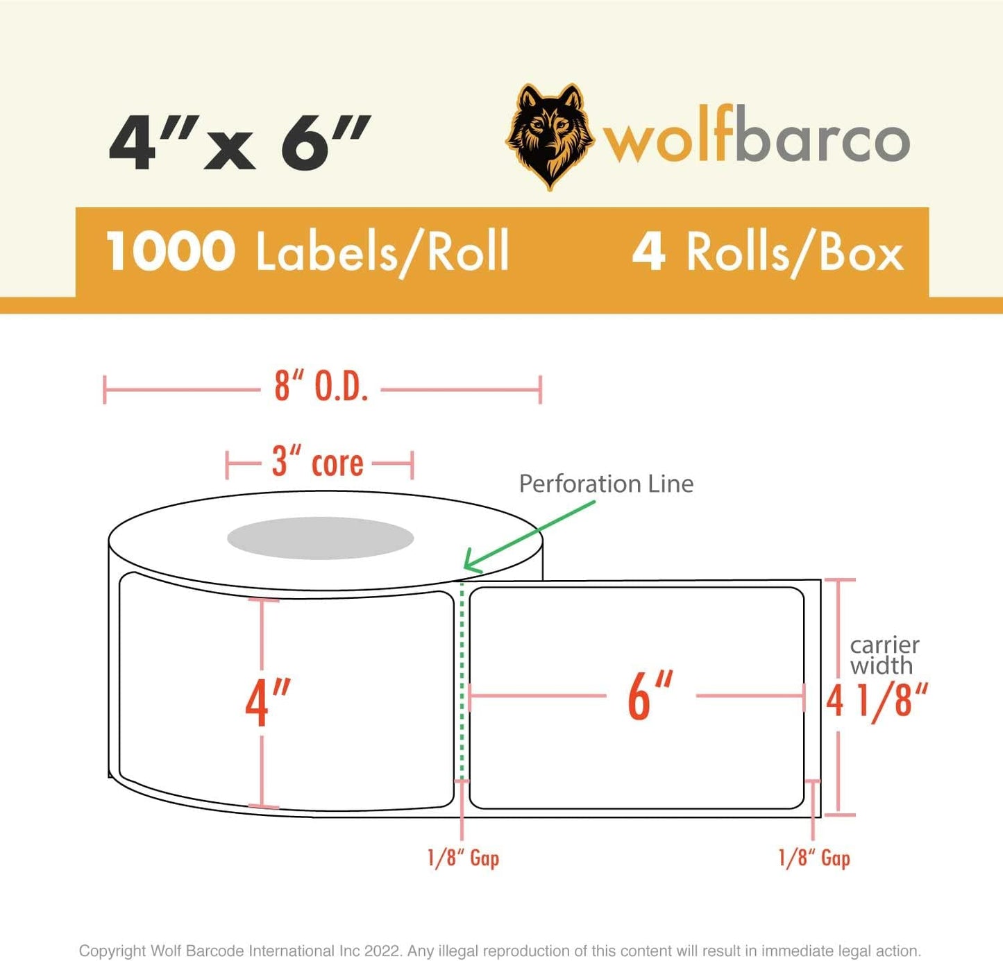 Direct Thermal Paper Label/IndustrialGrade 4" x 6", with Perforation, 3" Core, 8" OD,1000 Pcs/Roll (4Roll/Box) - Beige