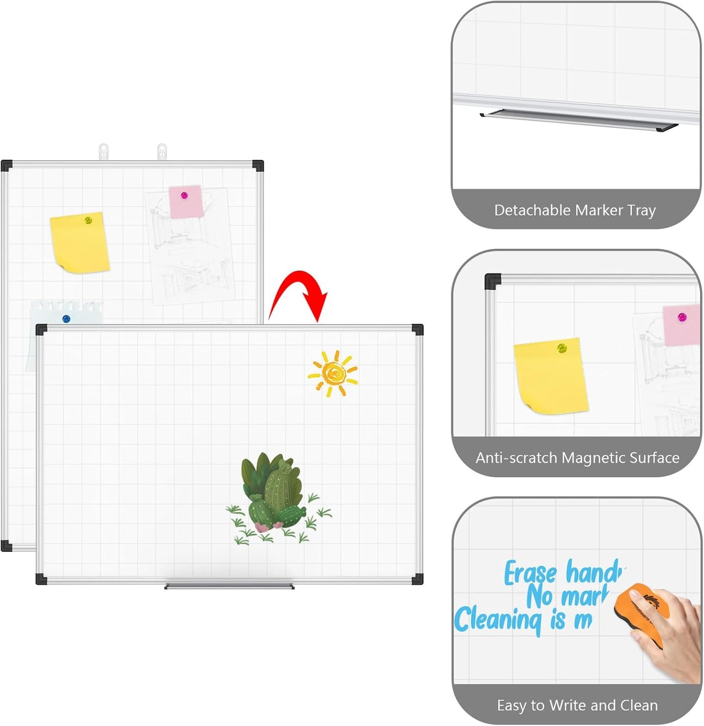 XBoard Magnetic Dry Erase Whiteboard with Lines 36 x 24 Inch, 3' x 2' Double Sided Hanging White Board Planner for Wall | Grid Lined White Board + Message Presentation Board
