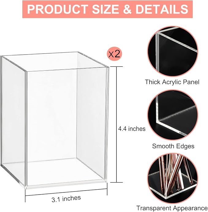 Mototo 2 Pieces Clear Acrylic Pen Holder & Pencil Cup Clear Makeup Bush Holder - Image 2