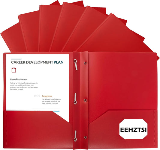 12-Pack Plastic Folders with Pockets and Prongs,2-Pocket Folders with 3 Fasteners, Poly Folders Holds 8-1/2" x 11" Paper for School/Office/Home, Red