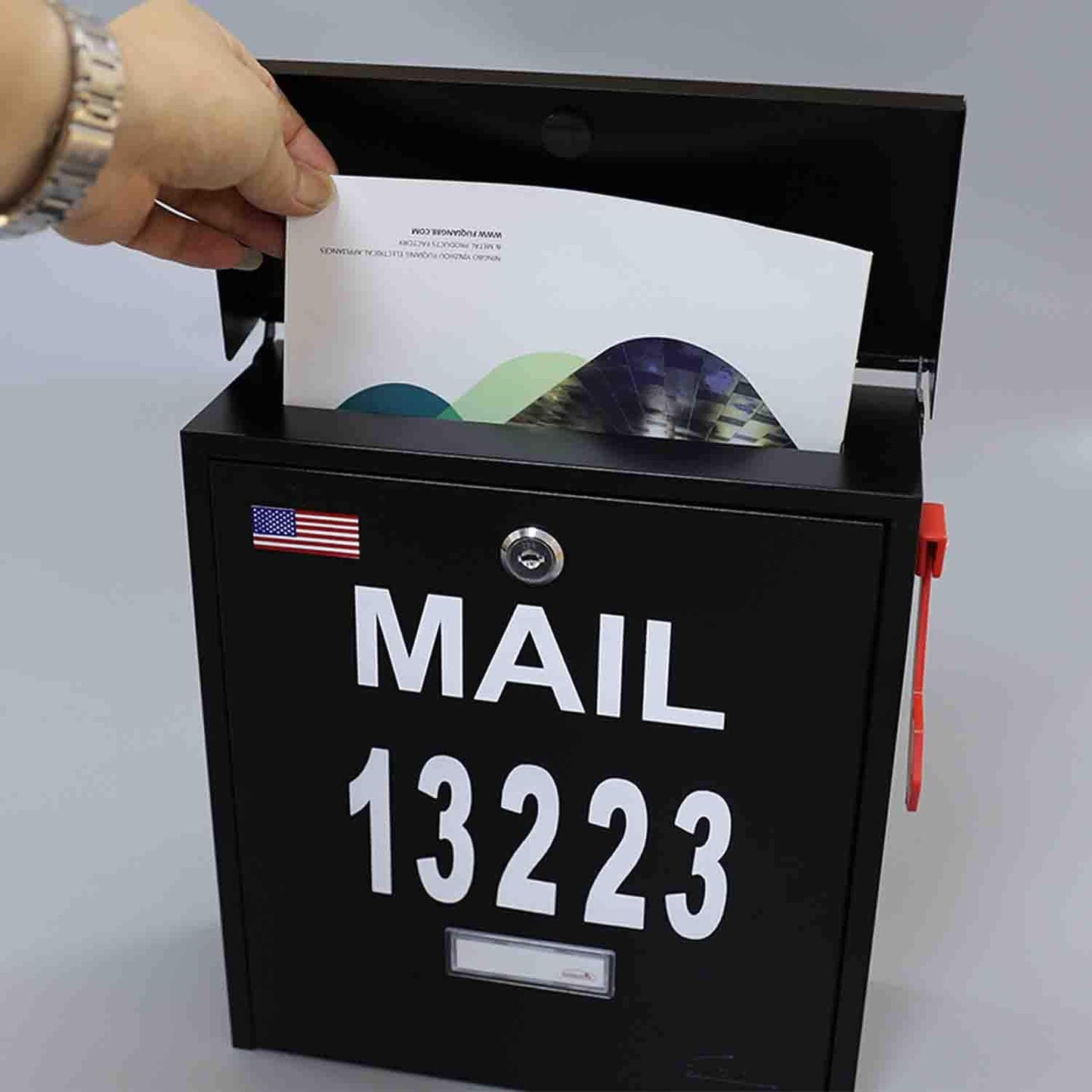 Wall Mount Locking Mailbox - Black Large Capacity Security House Numbers Mailbox - Waterproof Stainless Steel Vertical Drop Mail Box Outdoor with Keys