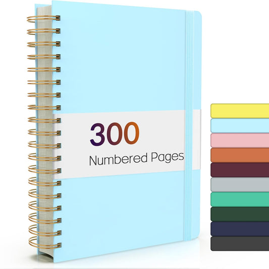 Forvencer Lined Spiral Journal Notebook with 300 Numbered Pages, B5 College Ruled Thick Journals for Writing with 100GSM Paper, Hardcover Notebooks with Contents for Work, School, Women, Men, Sky Blue