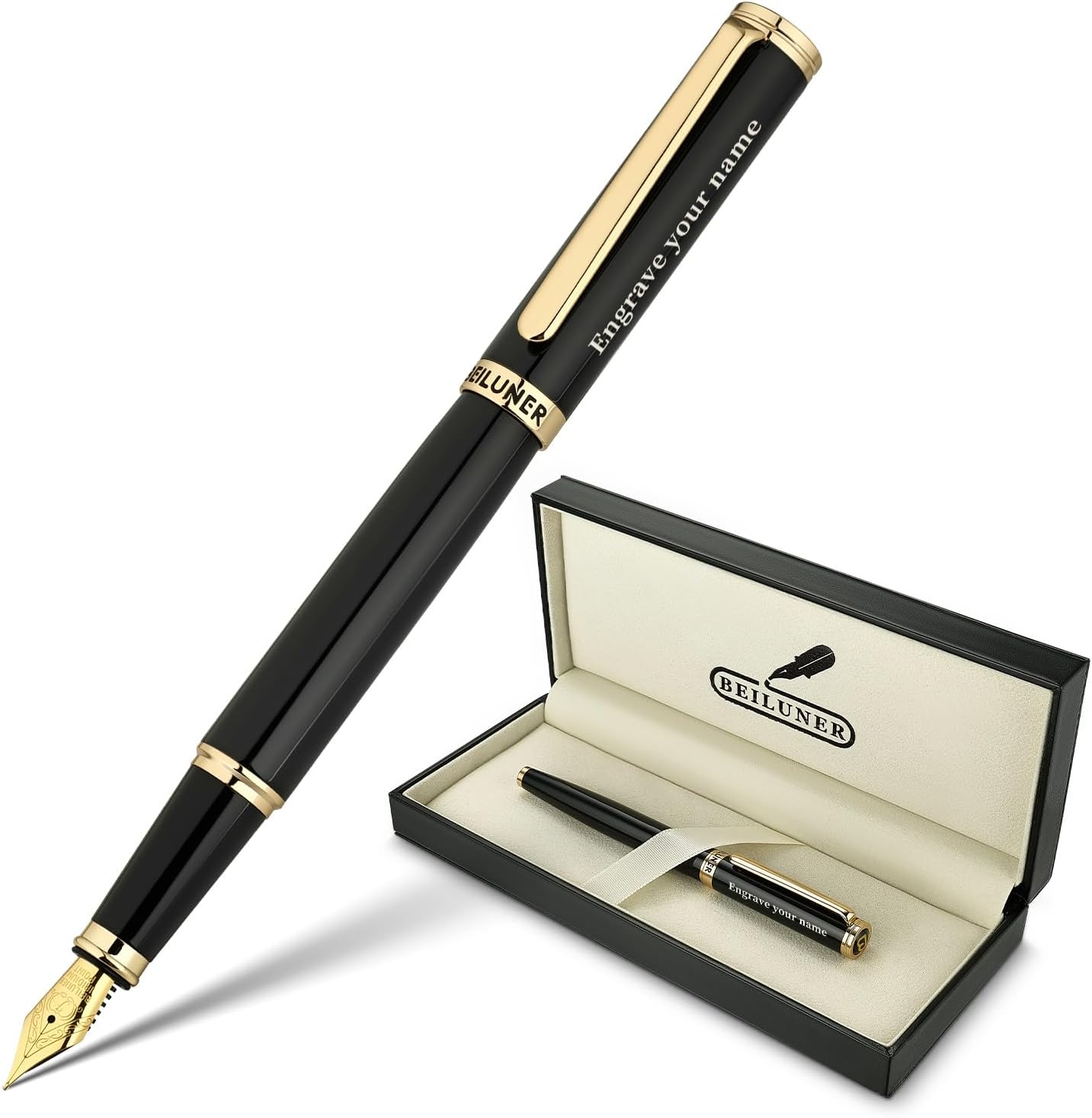 BEILUNER Silver Chrome Fountain Pen,Stunning Luxury Pens with 24K Gold Accents, Gorgeous 24K Gilded Nib(Fine) (Fine Nib,Black with Gold (Personalized))