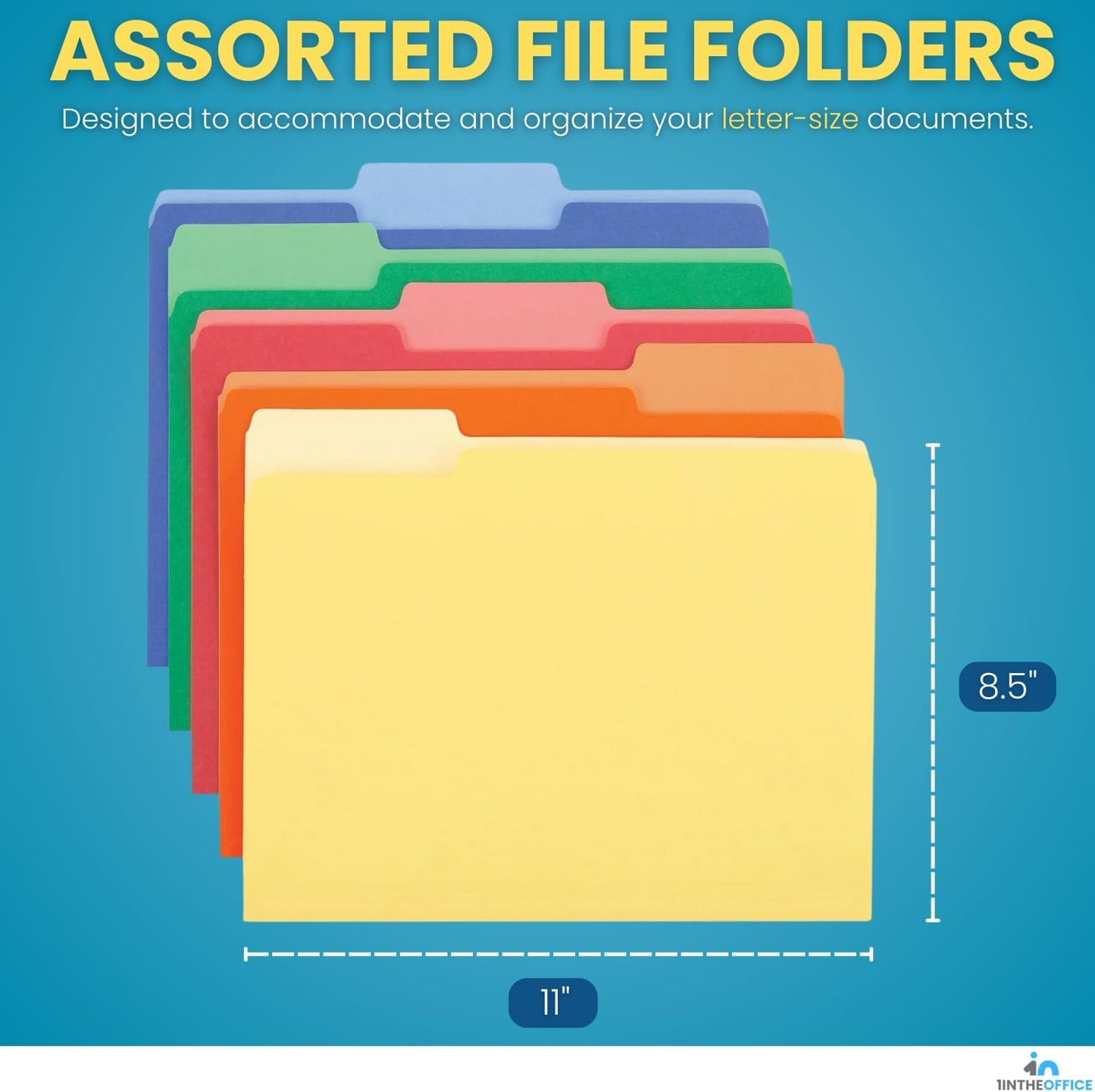 1InTheOffice Colored File Folders Letter Size, 1/3 Cut Tab, Assorted Colors, 100 Pack