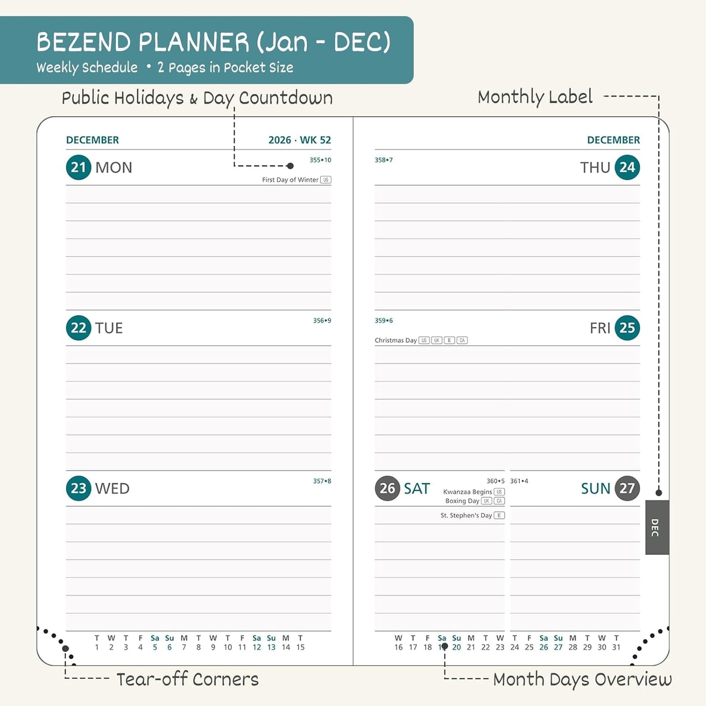 BEZEND Pocket Calendar 2026 Weekly and Monthly (3.5" x 6") Small Daily Planner for Purse (Jan-Dec) with Notes & Expenses, Inner Pocket, Pen Holder, Vegan Leather Hardcover - Orange