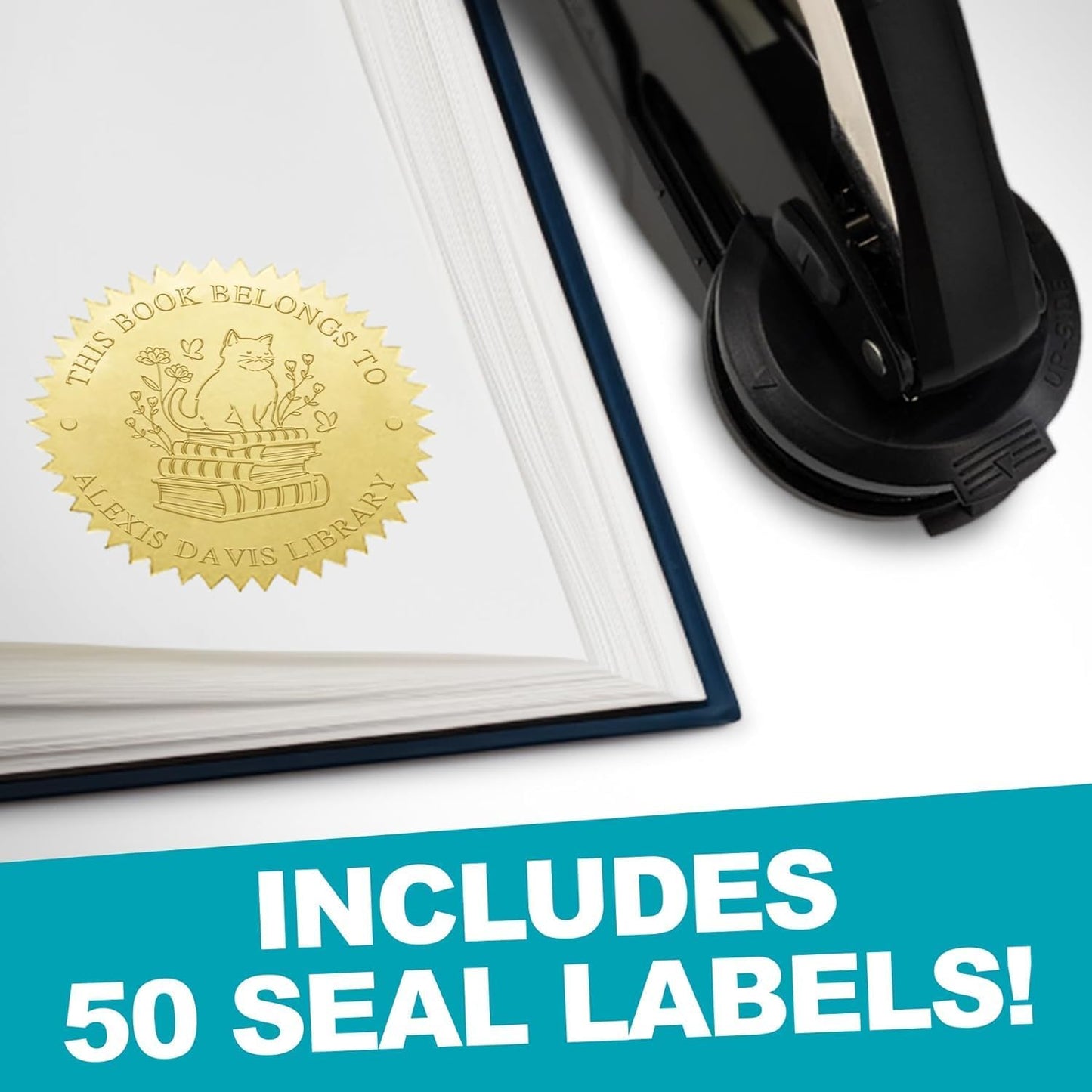 Custom Library Embosser - Style 108 - Embosser, Wood Stamp or Self Inking Stamp - Book Embosser Includes 50 Gold Seals - Custom Stamp Seal from The Library of