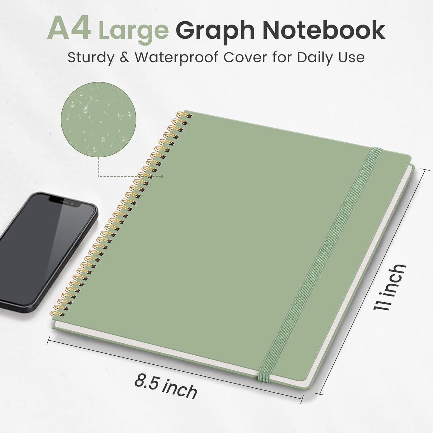 Taja Spiral Graph Notebook, 8.5"x11" Notebooks for Work, Large A4 Journal for Women & Men, Grid Notebook, Journaling Notebook for Writing, Plastic Cover Spiral Journal, Green
