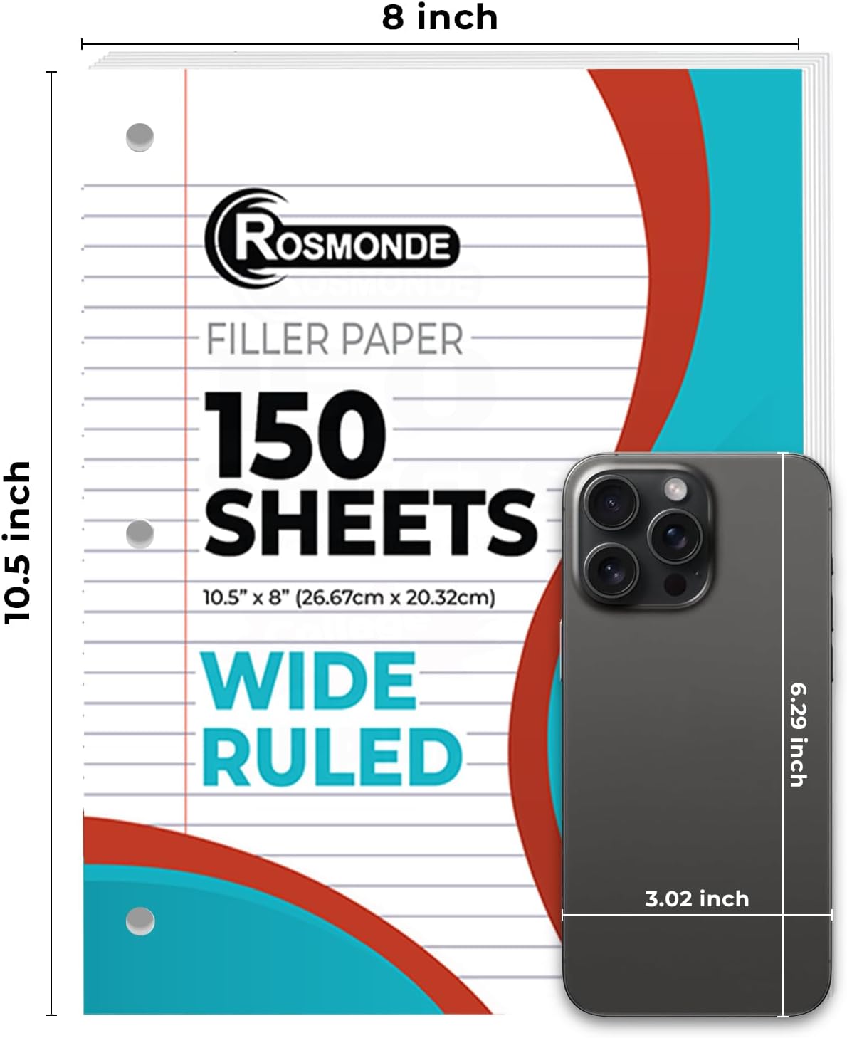6 Pack Loose Leaf Paper, 900 Sheets, Wide Ruled Paper, 8" x 10.5", Bulk Notebook Paper, 150 Sheets/Pack, Fits Standard 3 Ring Binders, Wide Ruled Filler Paper for School, White Notebook Paper