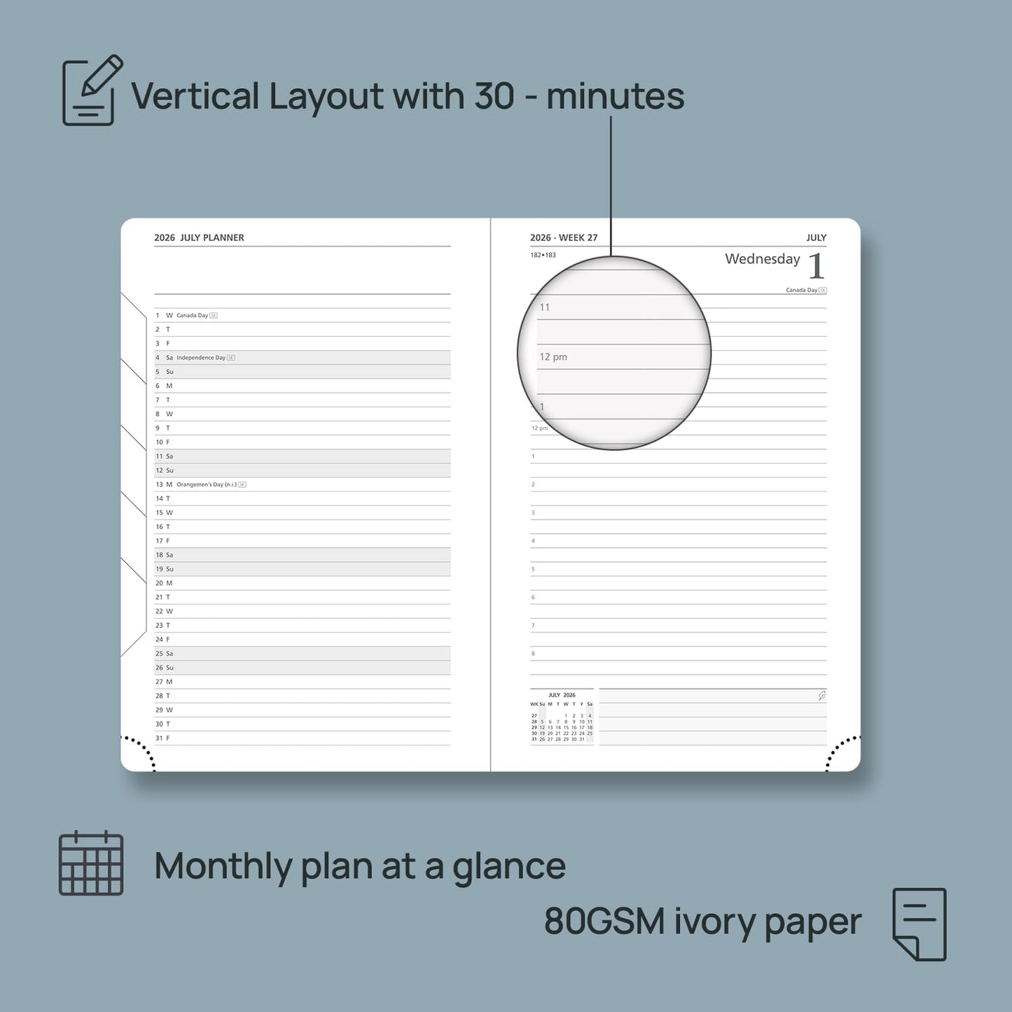 POPRUN 2026 Daily Planner One Page Per Day A5 Size Calendar (5.75" x 8.5") - 12 Months Hourly Appointment Book with Hardcover, Pocket, Pen Holder - Orange