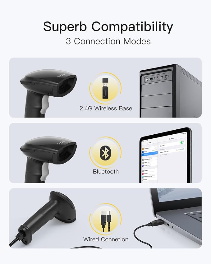 Inateck 2D Barcode Scanner, Wireless Bluetooth QR Barcode Scanner, Handheld - Image 4