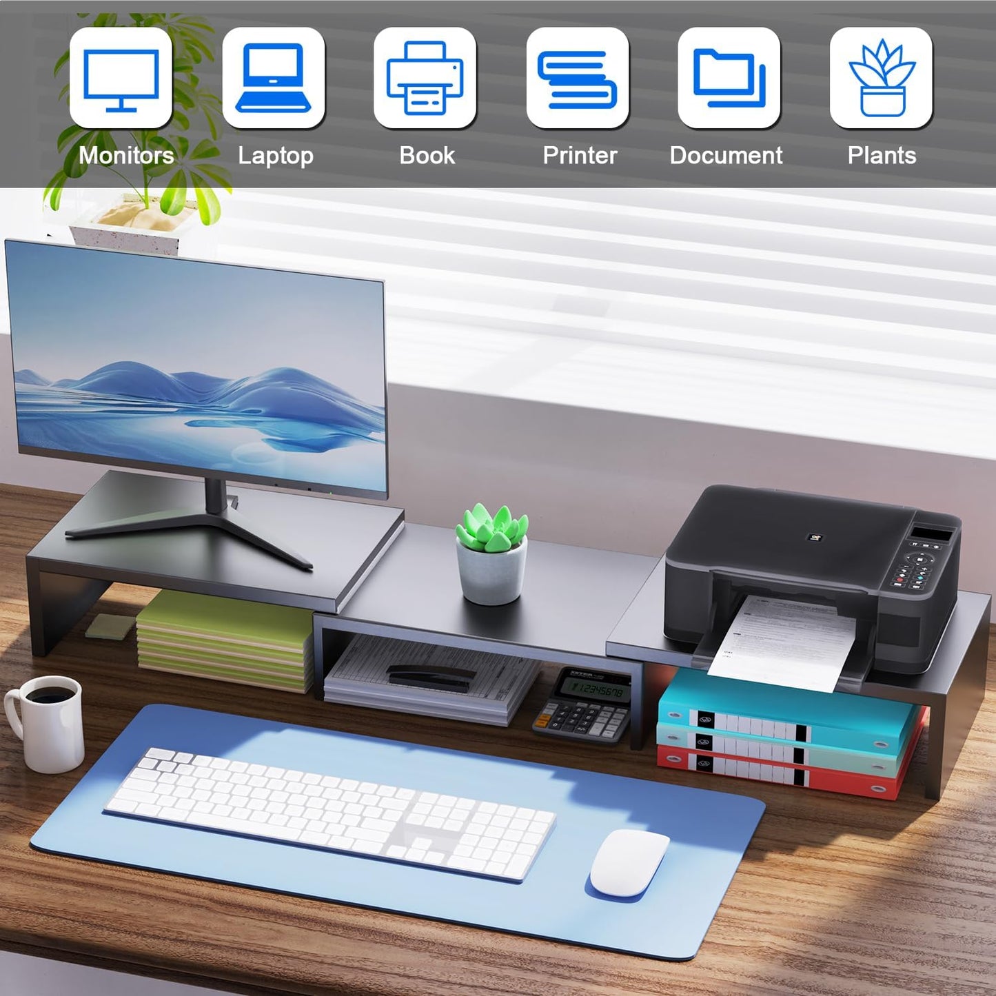 Dual Monitor Stand for Desk, Metal Computer Stand, Desk Shelf Riser,Desktop Organizer for Home and Office Use (Black)