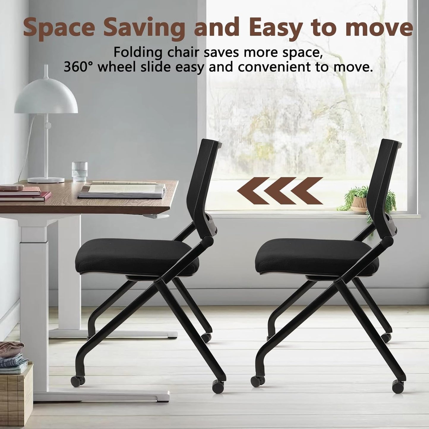 CLATINA Stackable & Foldable Conference Room Chairs, Waiting Room Chairs with Wheels & Lumbar Support, Ergonomic Mesh Bouncing Back Folding Chair for Office Meeting Schools Training, Black