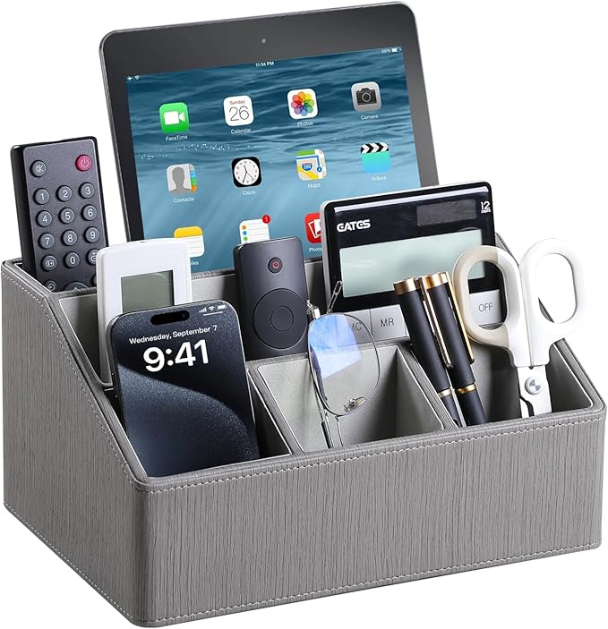 PU Leather Desk Organizer, Luxury Remote Control Holder by MEIBOOCH