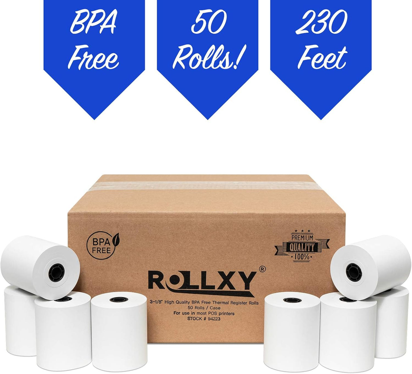 3 1/8 x 230 Thermal Paper Receipt Rolls (50 GSM - Solid Core) Fits All POS Cash Registers Printers, Clover Square Stations, Star Micronics SCP700, TSP100 BPA Free - Premium Grade (100 Rolls)