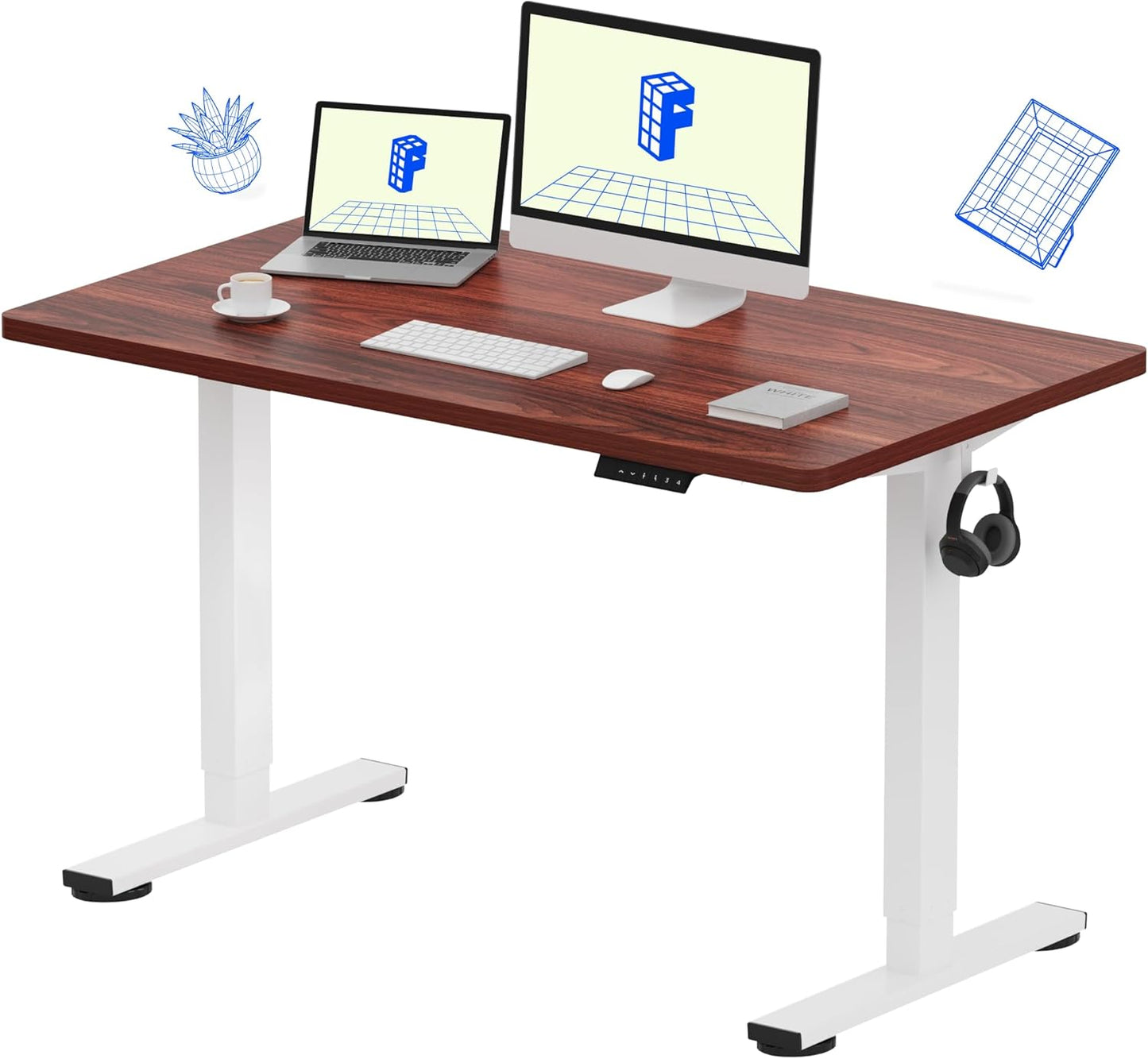 FLEXISPOT EN1 One Piece Standing Desk 48 x 24 Inch Electric Adjustable Height Desk for Home Office and Computer Workstation (White Frame + 48" Mahogany Top, 2 Packages)