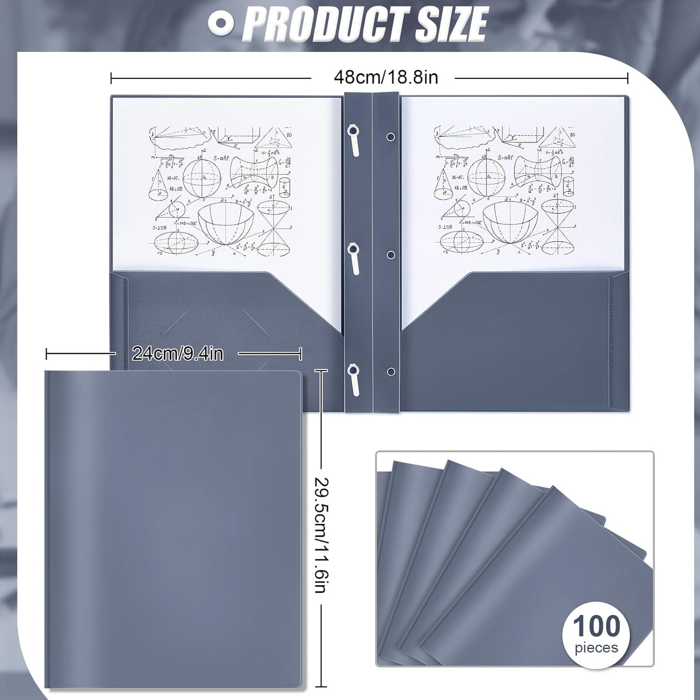 Lincia 100 Pcs Plastic Folders with Pockets and Prong Folders with Prongs Plastic Folders with 2 Pockets Pocket Folders for Office, School for Students, Teachers, Office Workers (Grey Blue)