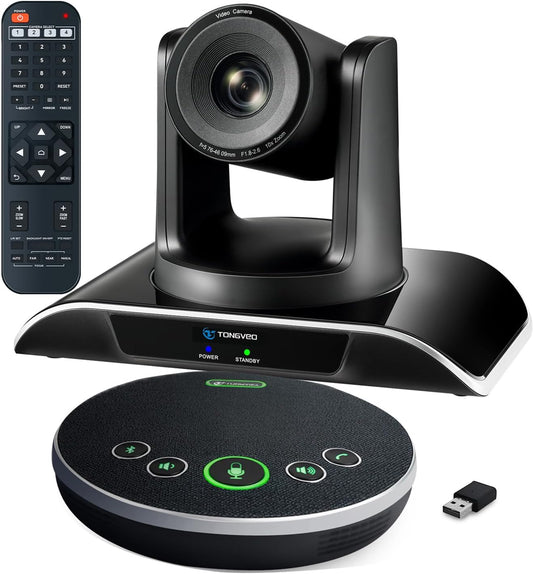 10x Zoom Conference Room Video Camera System, All-in-One HD 1080P 60fps 10X Optical Zoom USB3.0 HDMI PTZ Camera and Bluetooth Conference Speaker with Microphones Bundle for Medium Room