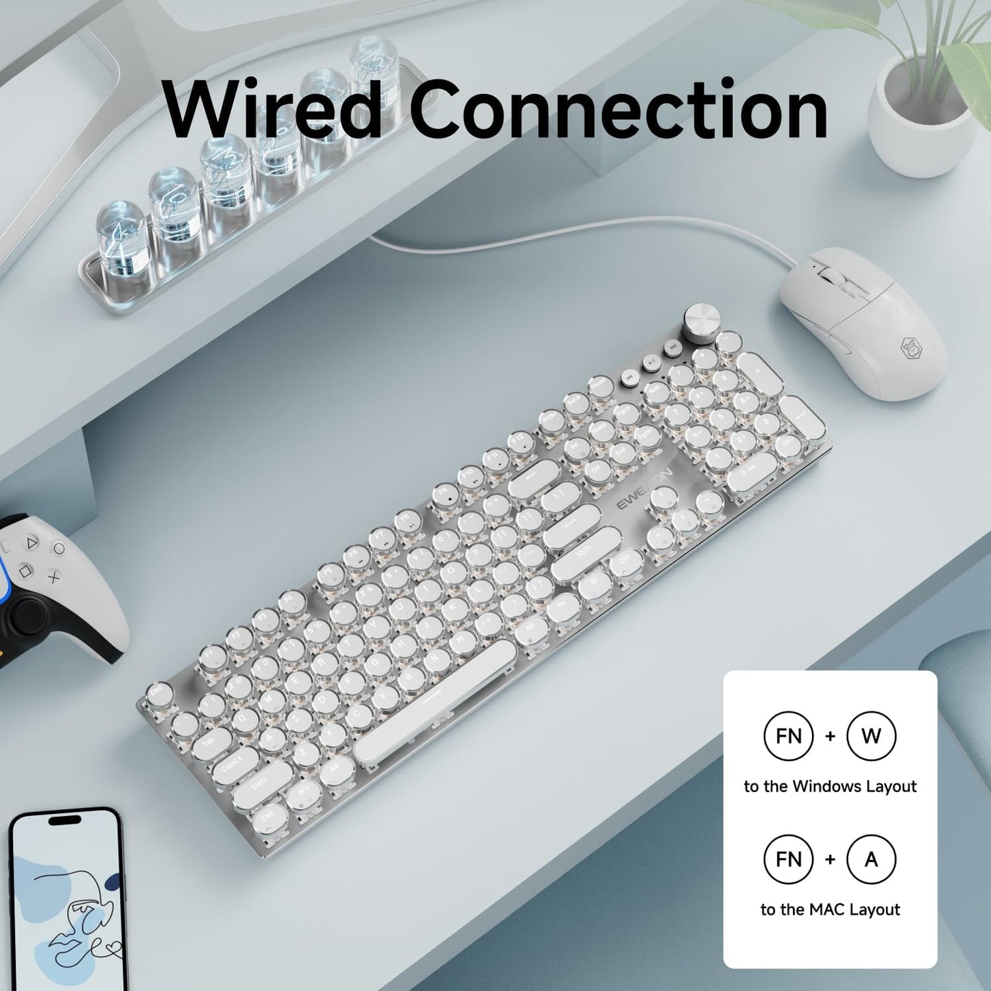 EWEADN Wired Typewriterkeyboard and Mouse Combo, Typewriter Style Mechanical Gaming Keyboard,104 Keys Backlit LED Keyboards, Media Control Knob, Wired Keyboard Pink Switch for Windows/Mac/PC-White