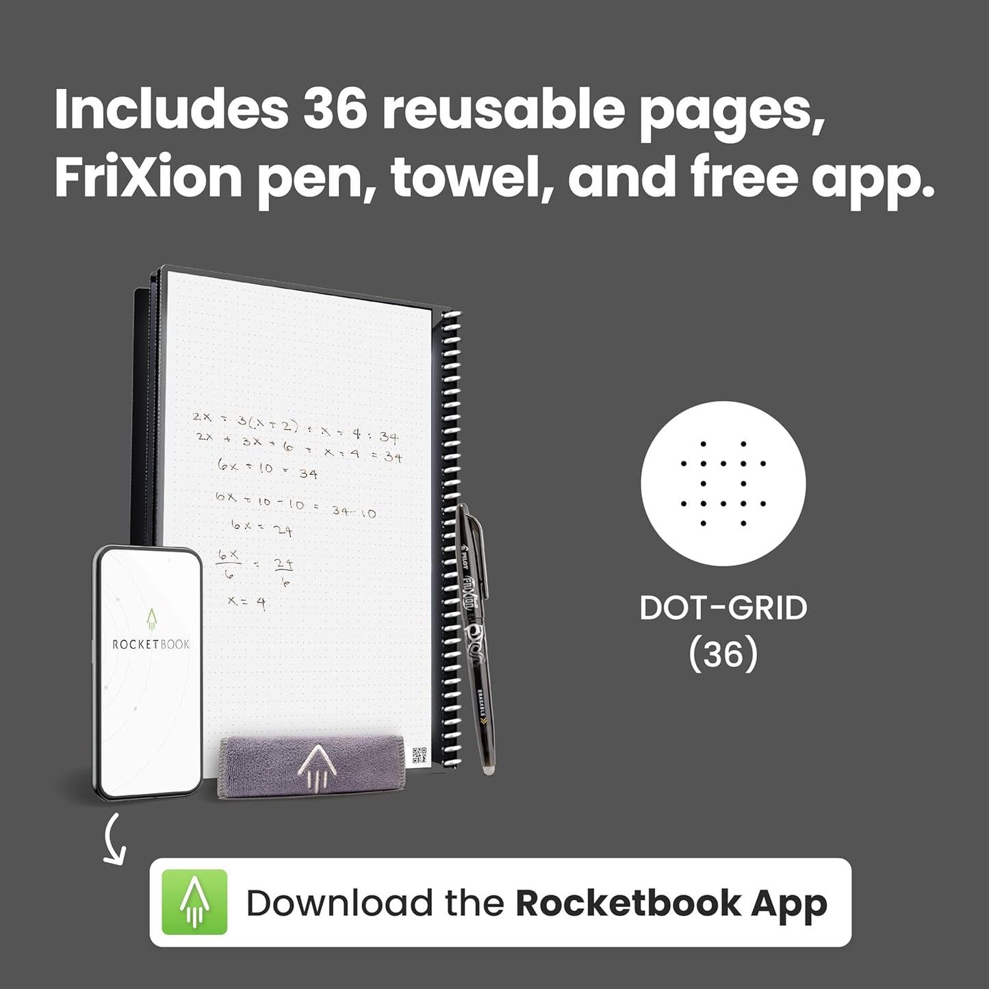 Rocketbook Core Reusable Spiral Notebook, Executive Size 6x8.8, Green - Dotted Pages, App-Connected, Erasable, Durable Cover, Ideal for School, Work, and Creative Projects