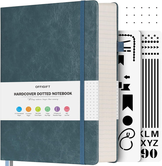 Bullet Dotted Journal Notebook, 312 Numbered Pages A5 Hardcover Leather Journal, 100gsm No Bleed Paper Dot Grid Notebook with Index Pages, Dot Journal for Women Men, 5.75" x 8.38", Grey Blue