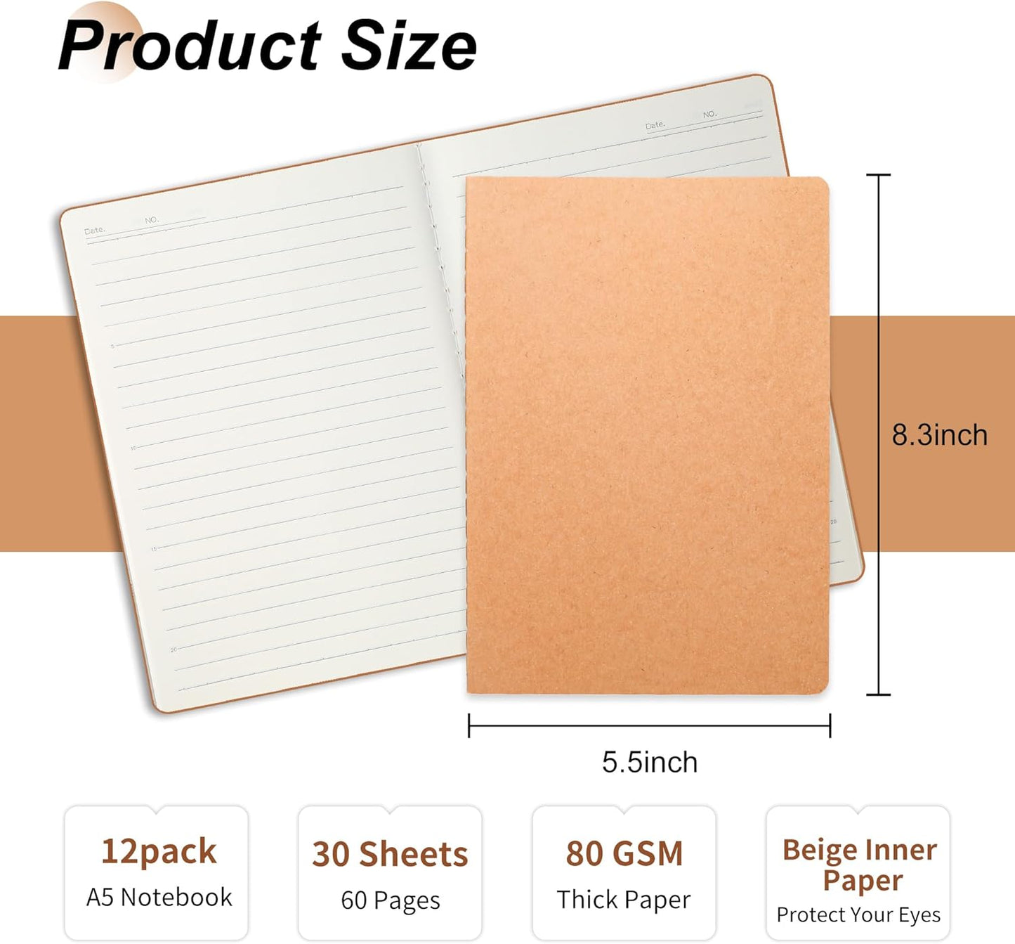 miikoul 12 Pack A5 Kraft Paper Notebook Lined Journal Bulk, 8.3 X 5.5 Inch, 60 Pages/30 Sheets, 80gsm, Travel Notebook Notepad for Adult, Students, Gift, Office, Back to School Supplies
