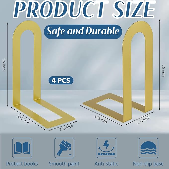 Chunful 4 Pcs Gold Modern Metal Book Ends - Image 3