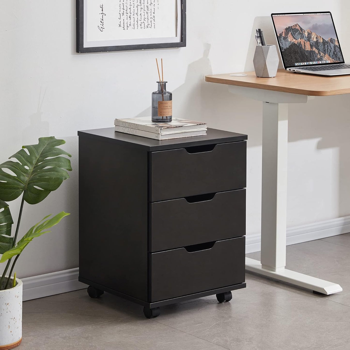 Farini 3-Drawer Vertical Filing Cabinet Rolling Wood Mobile File Cabinets Under Desk for Home Office with Casters (Black, Fully Assembled)