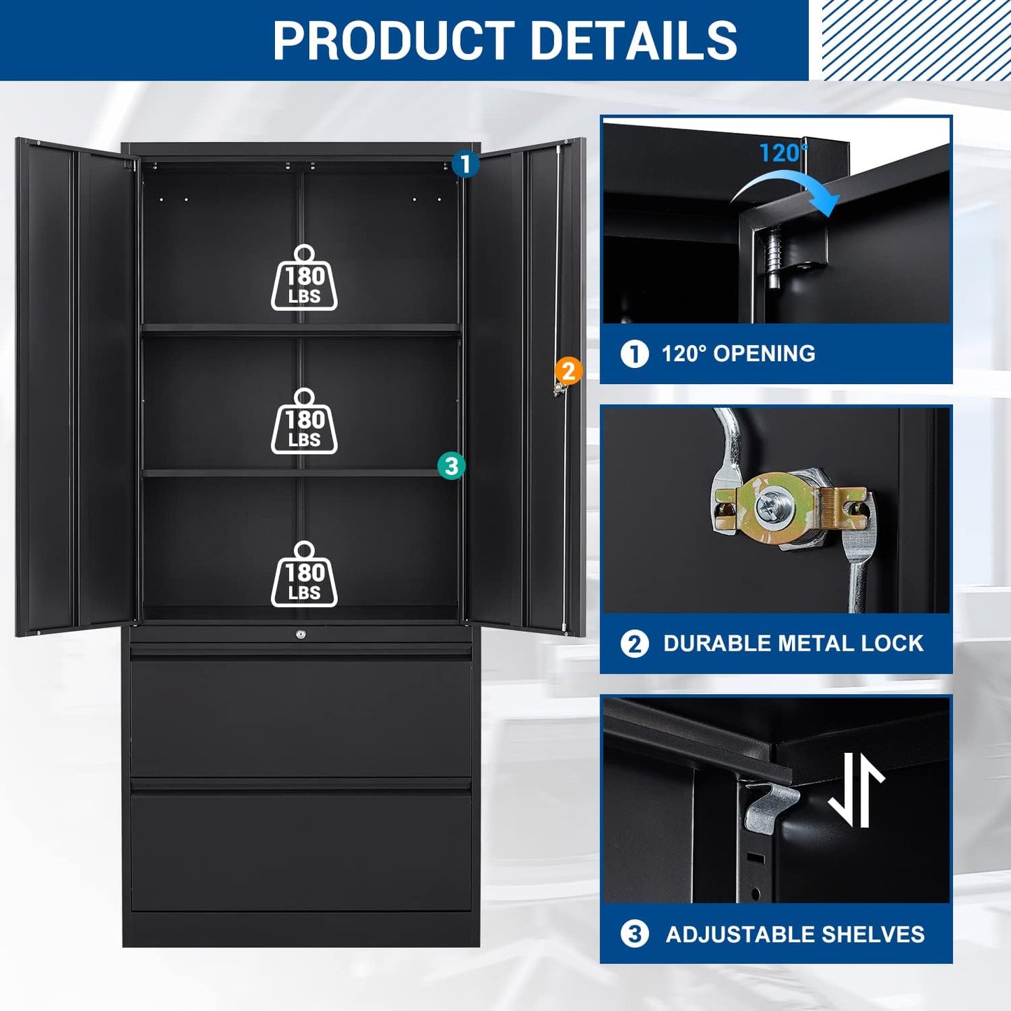 Metal Cabinets with Lockable Drawers and Doors Lateral File Cabinets Steel Filing Lockers Book Case for Home Office Hanging Files Letter/Legal/F4/A4 Size