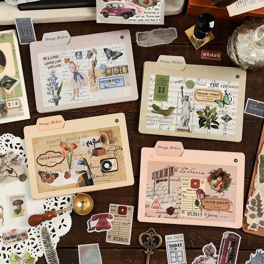 Maxleaf Vintage Washi Sticker Set, 400PCS Floral Retro Nostalgic Ephemera Stickers for Scrapbooking Journaling DIY Crafts Planner Diary Album Handmade Work Journal Envelope Gift Wrapping
