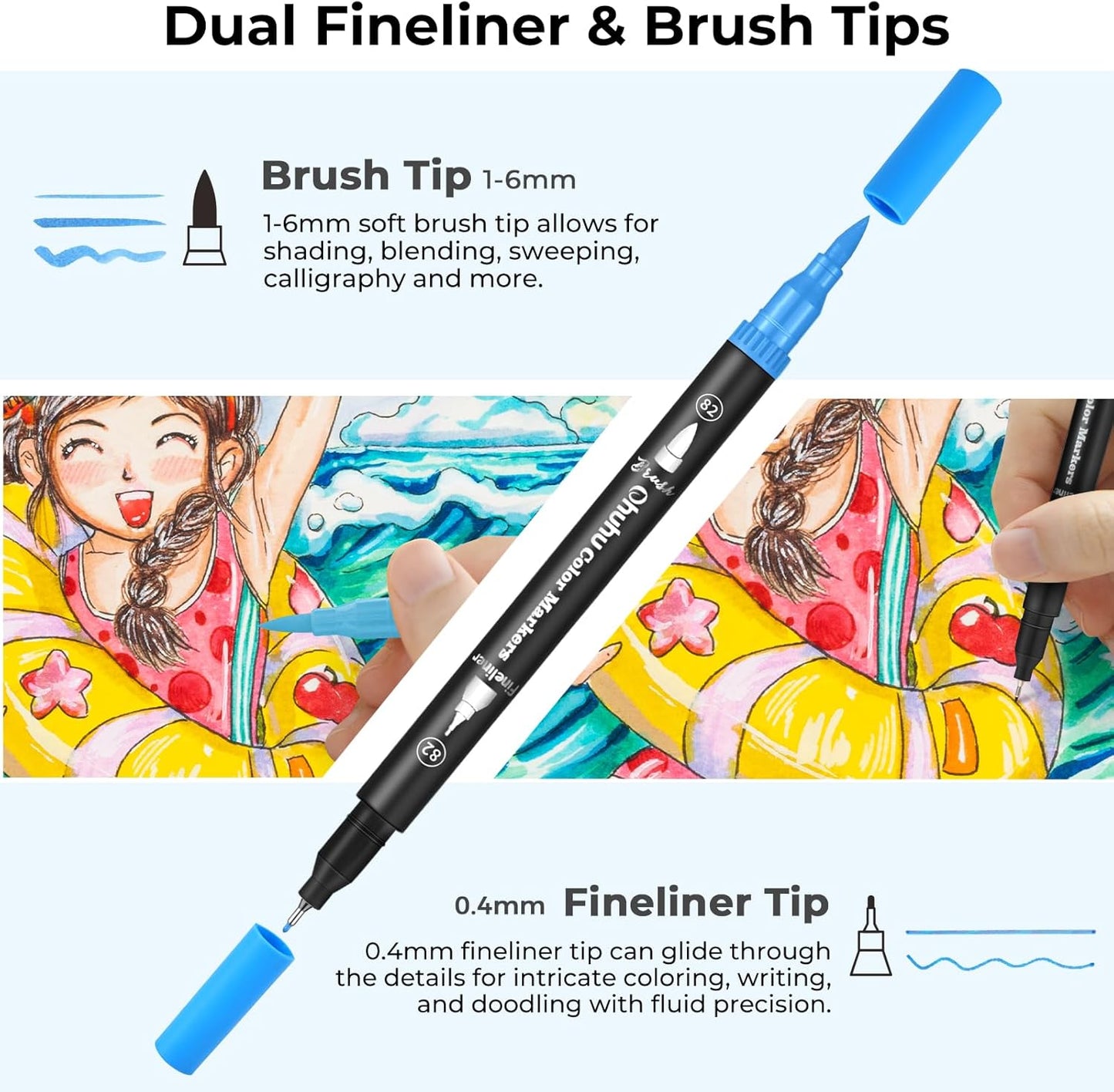 Ohuhu Markers for Adult Coloring Books: 100 Colors Brush Pens Dual Brush Fine Tip Drawing Pens Water-Based Coloring Markers for Calligraphy Bullet Journal with Carrying Case - Maui - Black