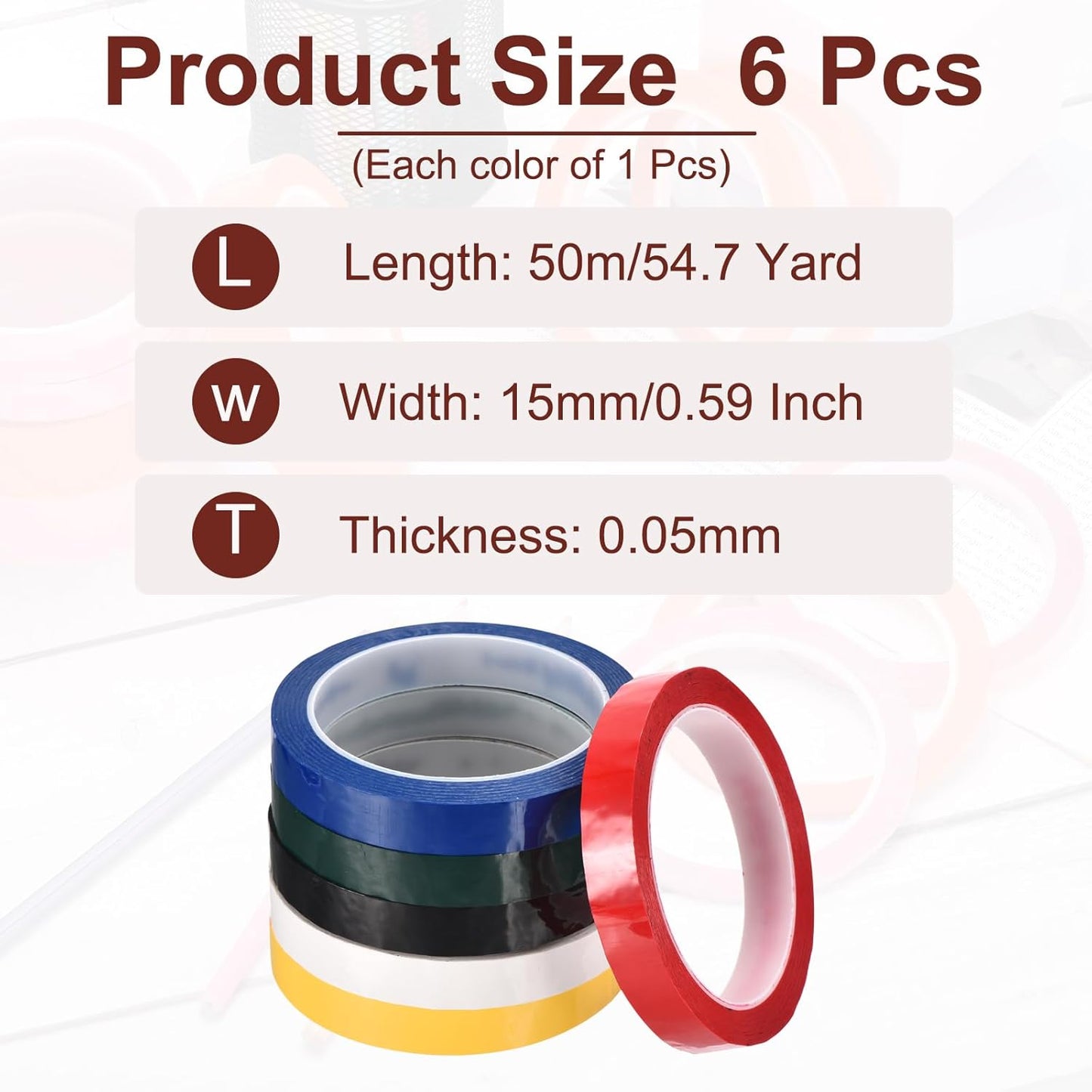 MECCANIXITY 6 Rolls Whiteboard Tape Graphic Chart Tape 15mm 54.7 Yard Art Tape Thin Pinstripe Tape Masking Tape for Gift Wrapping Craft Supplies, Red, Green, Blue, Yellow, Black. White