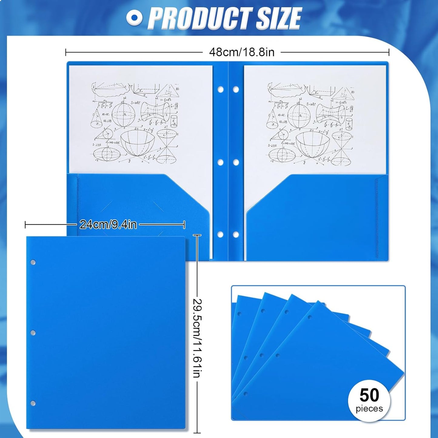 Yeaqee 50 Pcs Plastic Folders with Pockets Bulk 3 Hole Punched 2 Pocket File Folders for 3 Ring Binder Divider Folder for Notebooks, Durable Poly for Office Home (Blue)