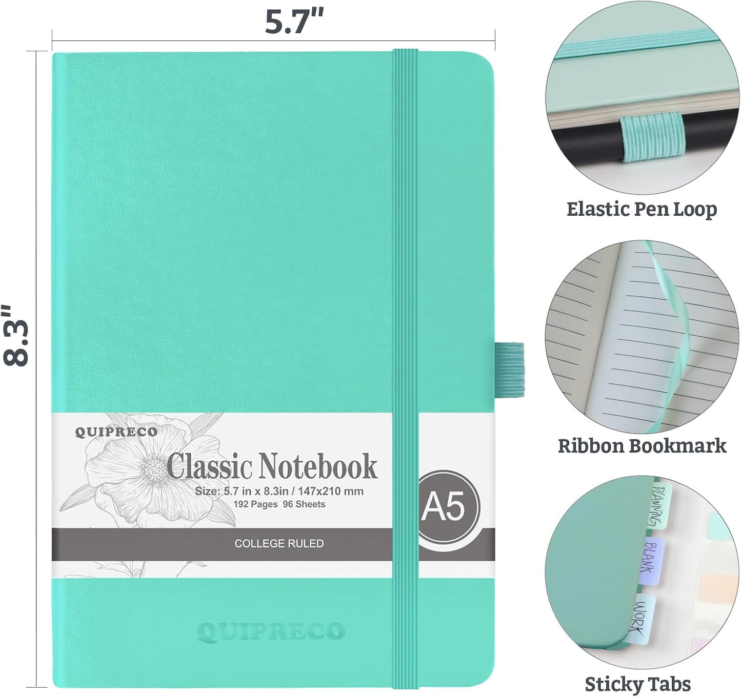 Hardcover Lined Bullet Dotted Journal Notebook, A5 140 192 Pages 100 120Gsm Paper College ruled for School,Work,Travel,and Daily Planning，5.7''*8.3'' (12, Light Green, A5 Lined)