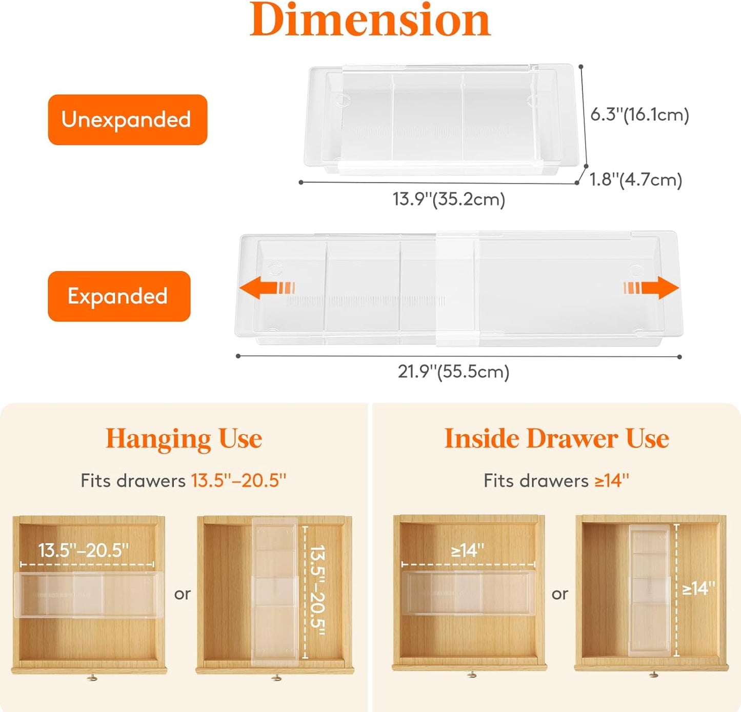 Lifewit 3 Pack Sliding Makeup Drawer Organizer Trays with Inserts, Extendable Hanging Desk Drawer Divider, 14-23" Long/1.8" High Plastic Organizer Tray in Vanity/Bathroom/Office/Kitchen, Translucent
