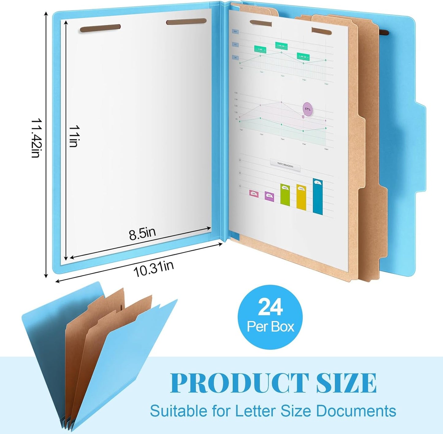 24 Pcs Classification Folders Letter Size Bulk - 2 Dividers Pressboard File Folder with 3. 5 Inch Expansion, 2 Prongs Fastener, Heavy Duty Office File Organizer for Teacher Medical (Blue)