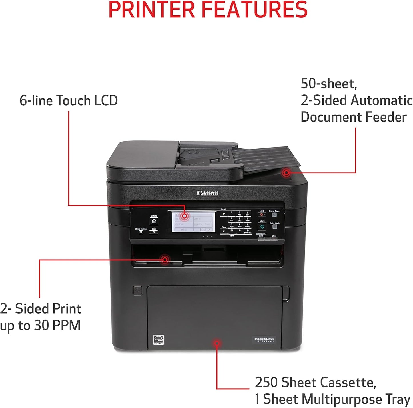 Canon imageCLASS MF269dw II - Monochrome, Duplex Wireless Laser Printer, All-in-One with Scanner, Copier, Fax, Auto Document Feeder, Mobile Ready, 30 PPM, Black