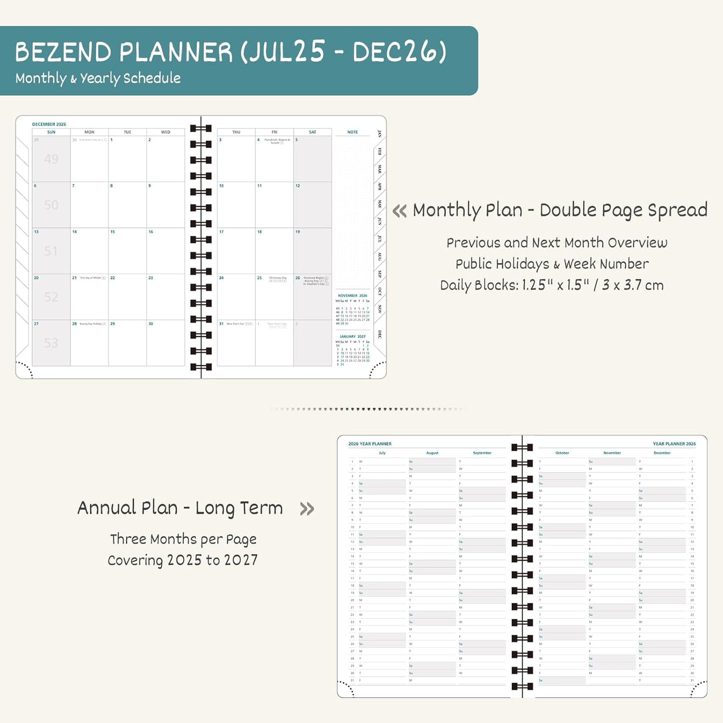 BEZEND Planner 2025-2026 Weekly and Monthly, 5.8" x 8.5" Academic Calendar (Jul 25-Dec 26) Vertical Daily Appointment with Hourly Timeslot & Monthly Tab, Spiral, PU Leather Softcover - Blueberry