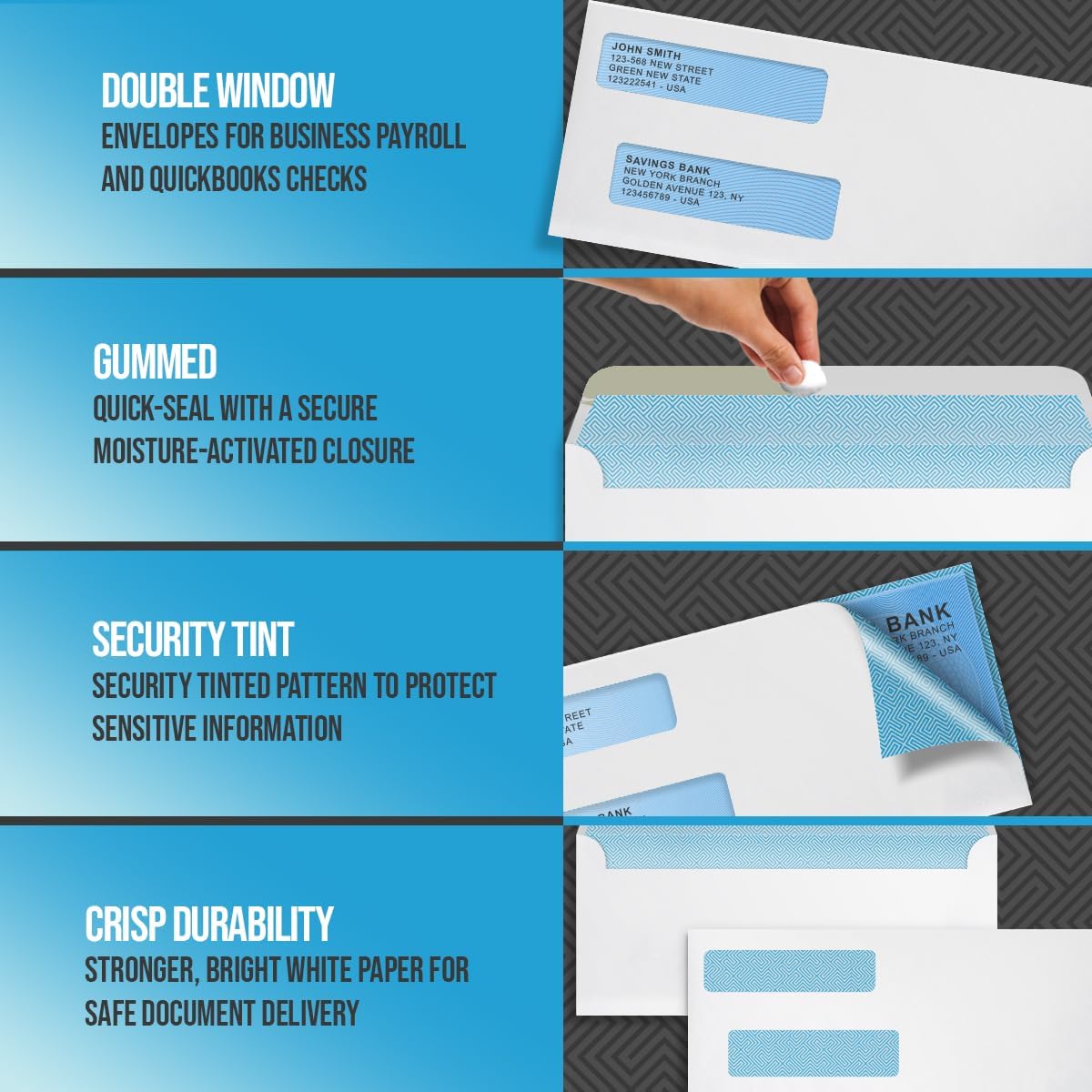 Compuchecks Double Window Envelopes #10- Gummed, Security Business Mailing Envelopes - Tamper Evident, Security Tint - 500 Count – For Invoices and Legal Documents