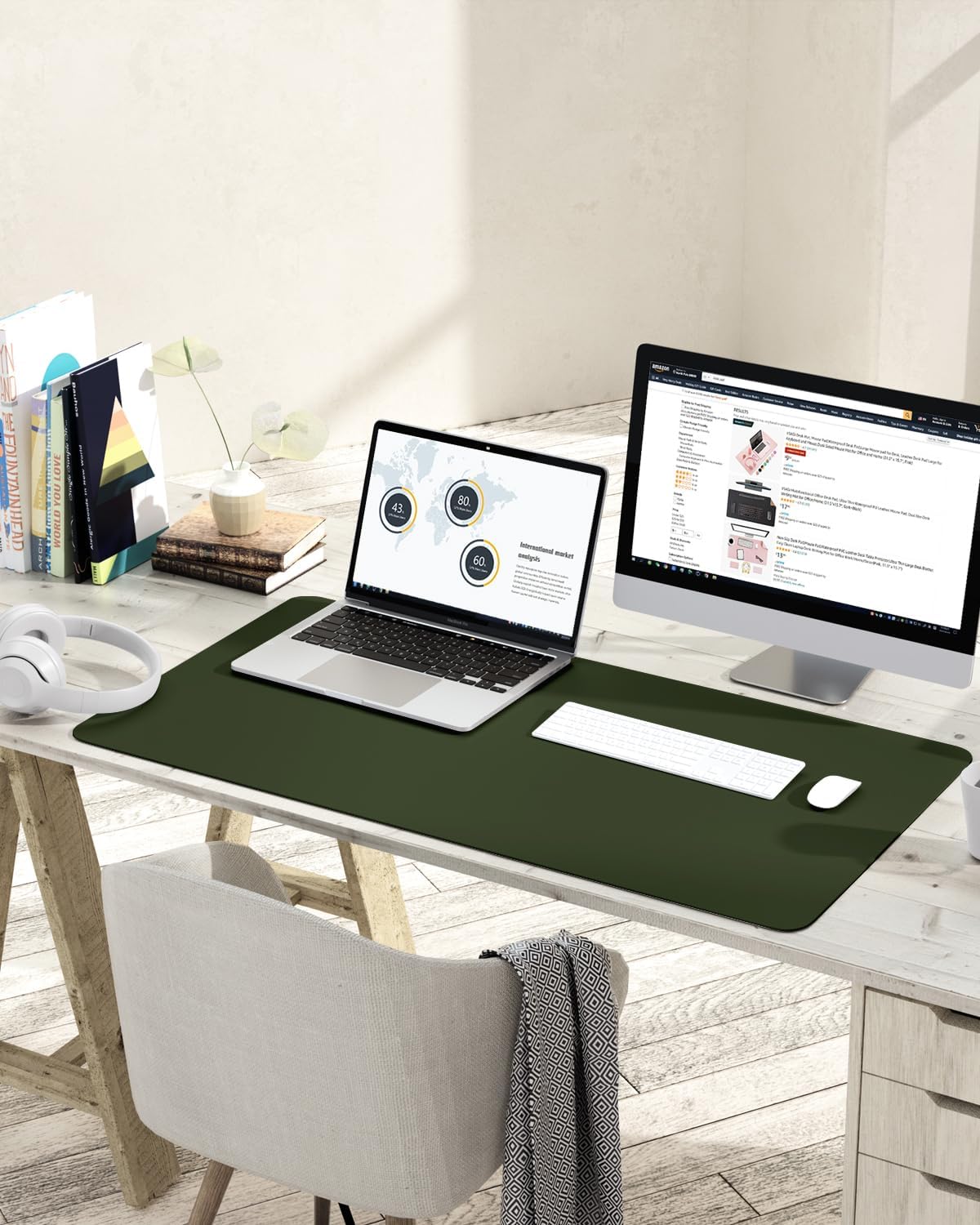 YSAGi Non-Slip Leather Desk Pad L Size, Waterproof Laptop Computer Desk Keyboard Mat, Table Protector Blotter Mat, Large Mouse Pad for Office/Work/Home/Decor(Olive Green, 35.4" x 17")