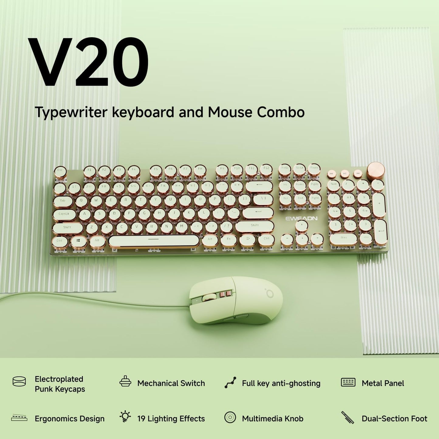 EWEADN Wired Typewriterkeyboard and Mouse Combo, Typewriter Style Mechanical Gaming Keyboard,104 Keys Backlit LED Keyboards, Media Control Knob, Wired Keyboard Pink Switch for Windows/Mac/PC-Green