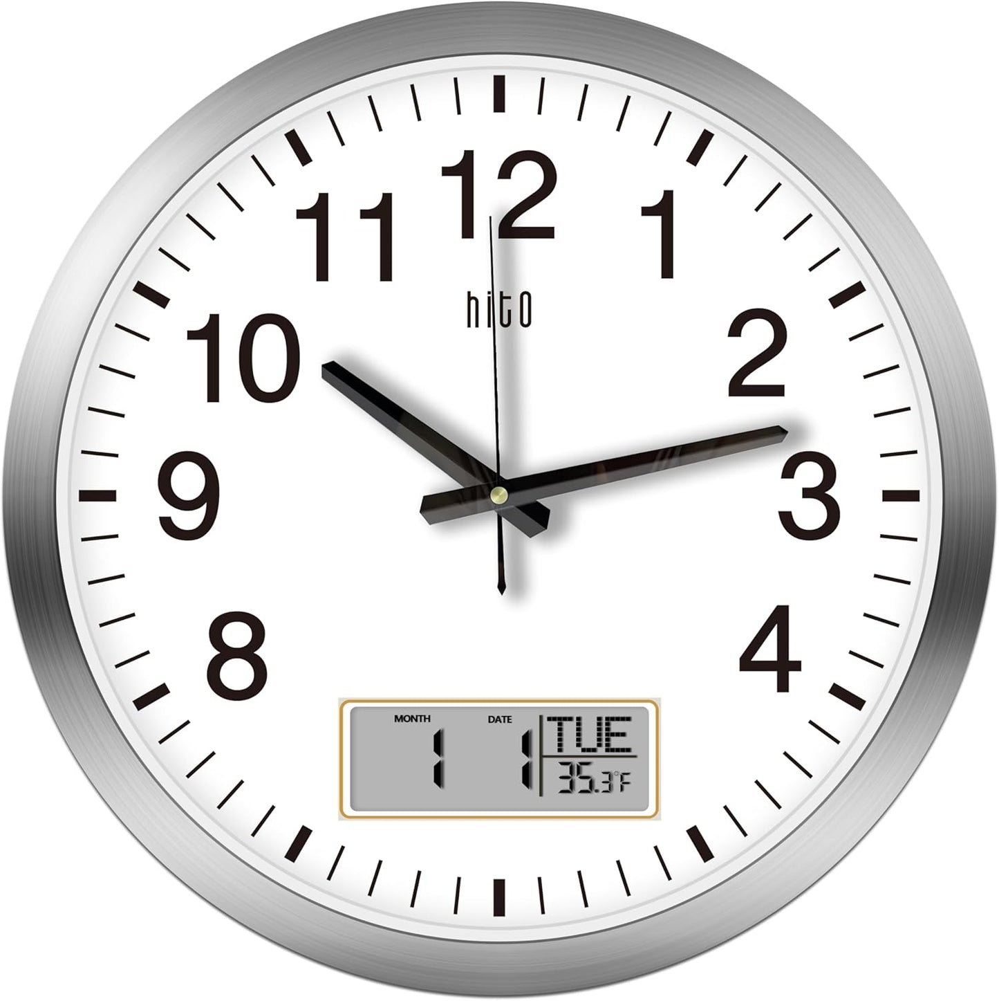HITO 16 Inch Silent Wall Clock Battery Operated with Temperature and Date, Large Wall Clock for Living Room Decor, Office, Classroom, Bedroom