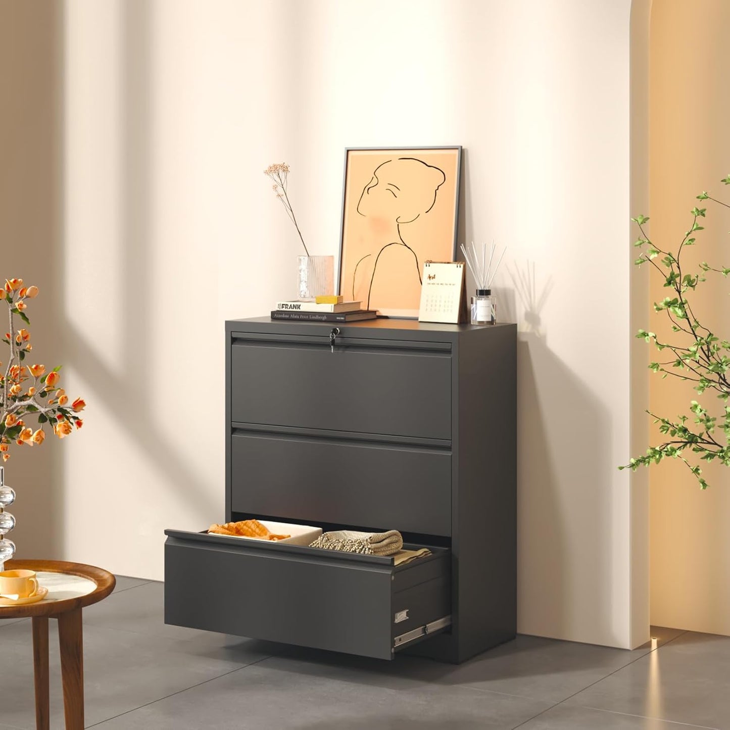 3 Drawer Lateral File Cabinet with Lock, Metal Lateral Filing Cabinet for Home Office, Steel Wide Horizontal Filing Cabinets for Letter/Legal/A4/F4 Hanging Files (Black)