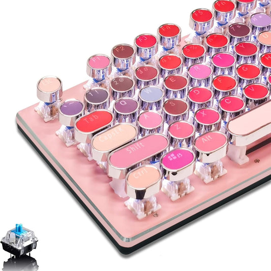 Basaltech Pink Keyboard Typewriter Style with White LED Backlight,Vintage Mechanical Gaming Keyboards with Lipstick Round Keycaps, Blue Switches 104-Keys Wired Keyboard Metal Panel for Laptop/pc
