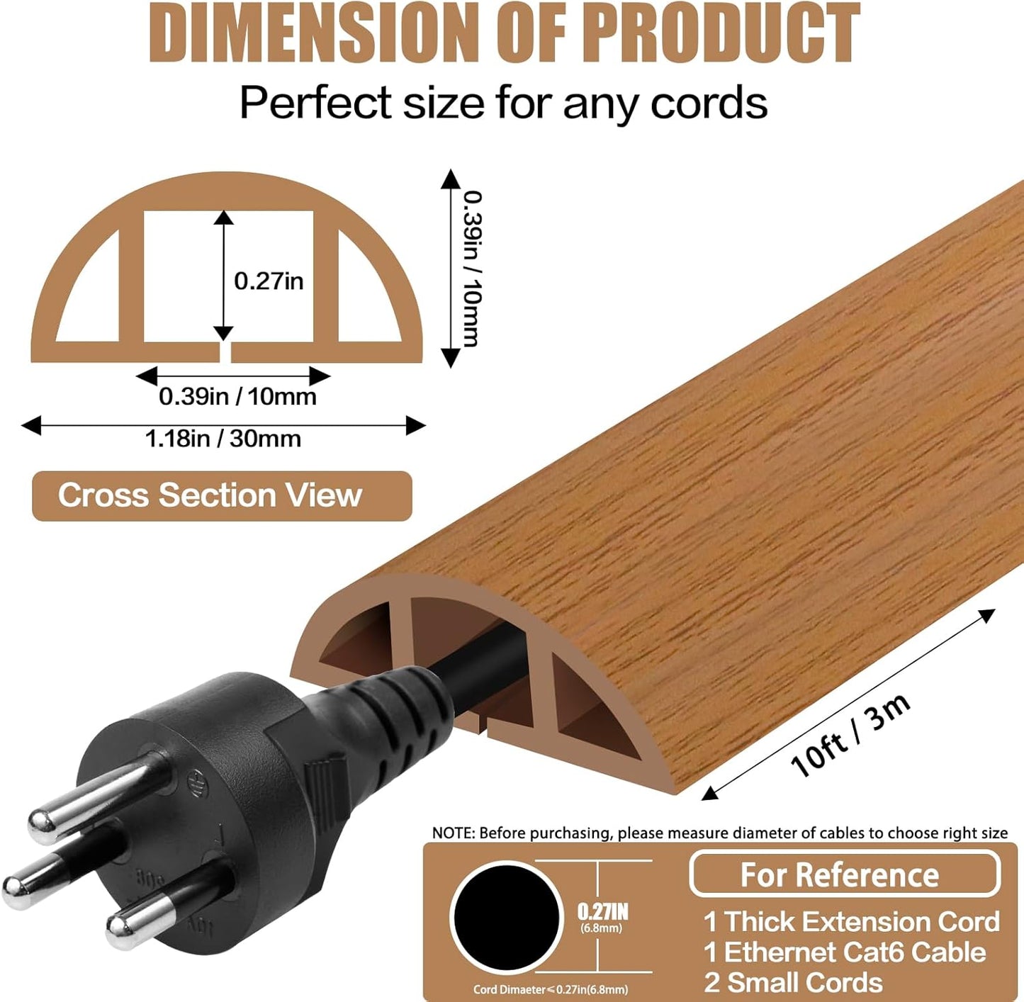 Floor Cord Cover Self Adhesive Cord Hider,10FT Cable Management, Extension Strip Protector for Wires, Prevent Cable Trips for Offices, Gyms, Exhibitions Cavity:0.39"(W) x 0.27"(H) Brown Wood