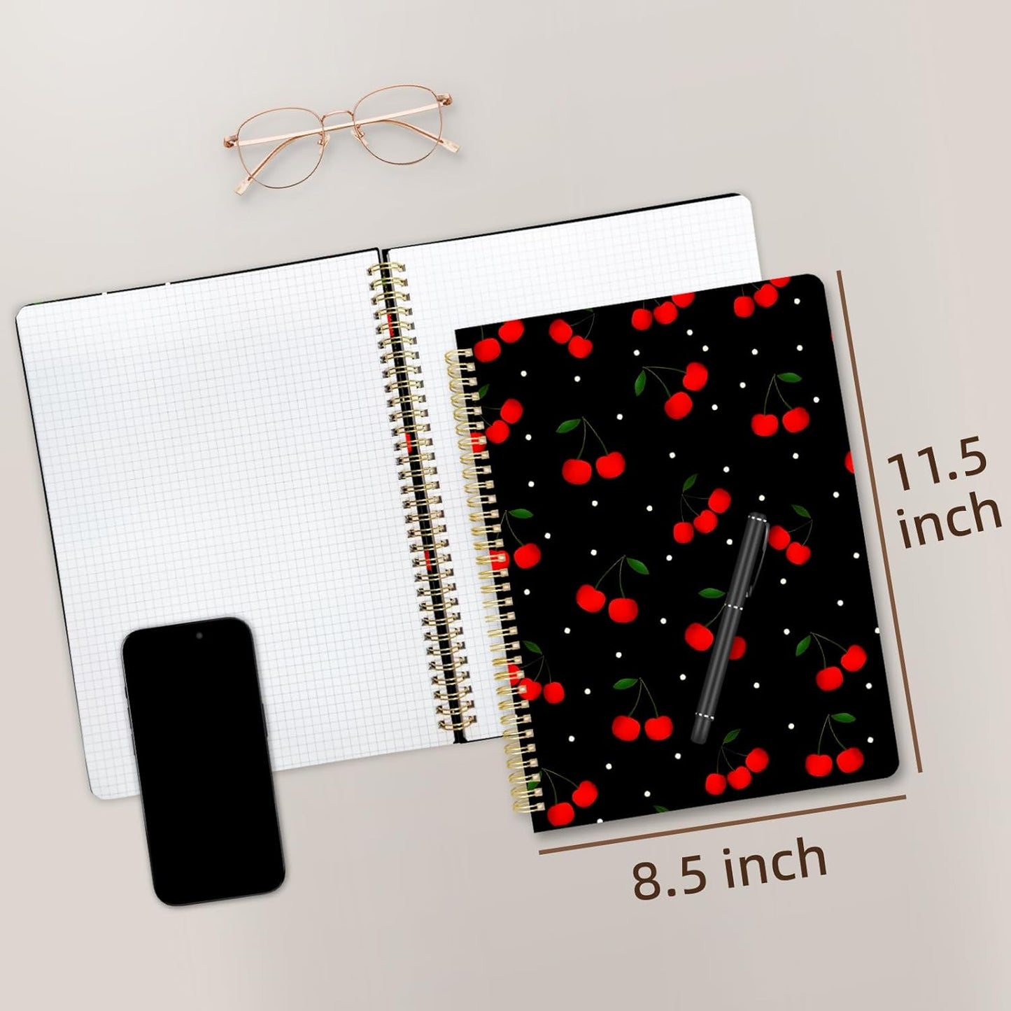 Cute Spiral Notebook journal A4 Aesthetic Pretty Design for Women Girls Kawaii with Pocket, 8.5 x 11 inch, Graph, Cherry