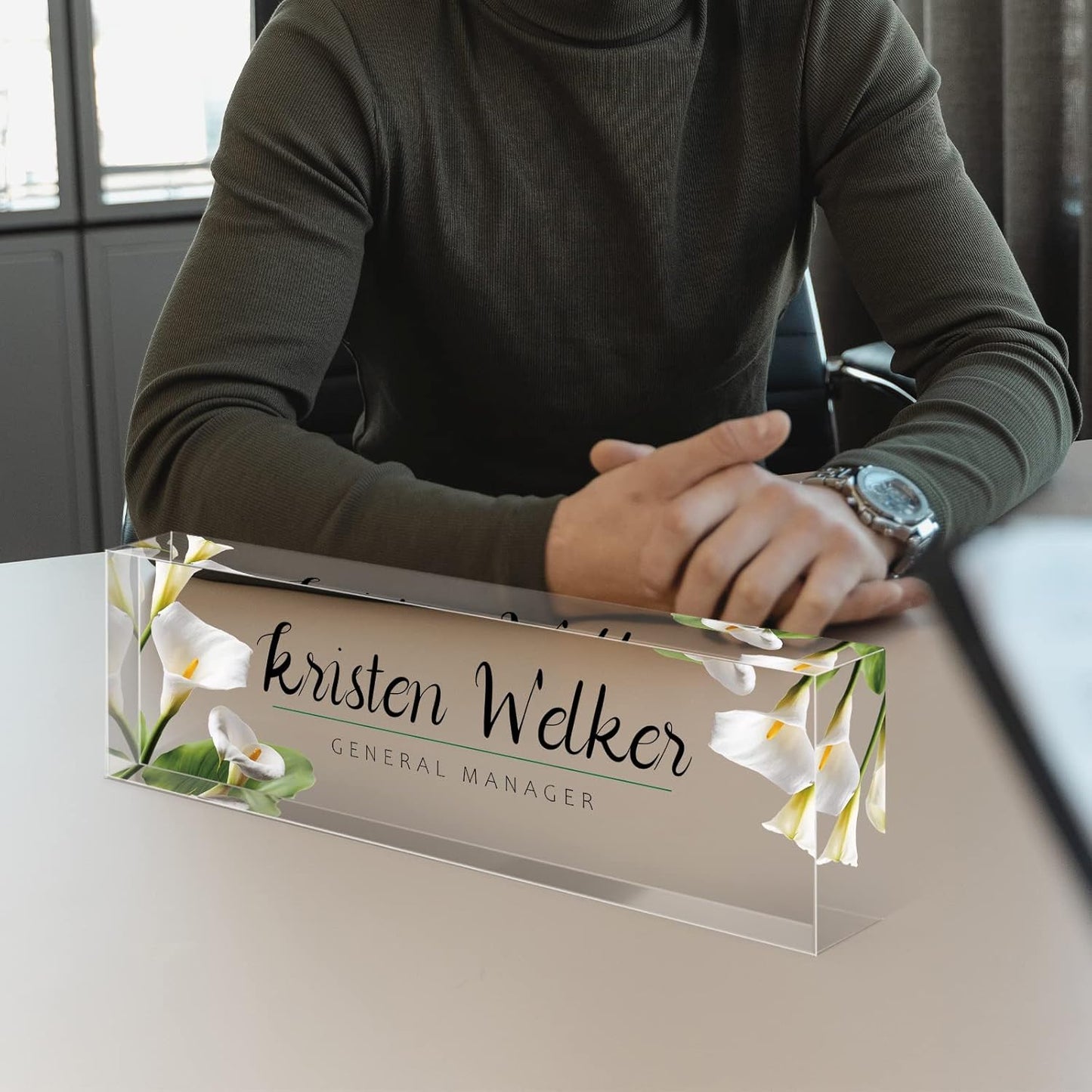 Office Desk Name Plate Personalized, Custom Name Plates for Desks, Name Plate Personalized for Office, Employee Appreciation Gifts (Calla Lily)