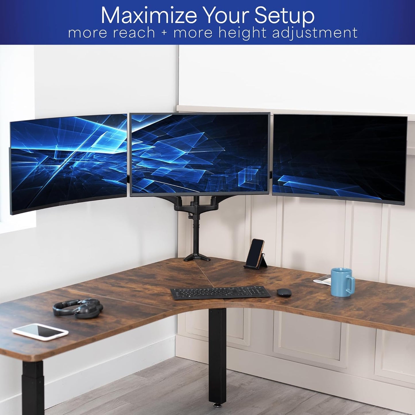 VIVO Triple Pneumatic Monitor Mount for 3 Screens up to 32 inches, Fully Adjustable, Heavy Duty Desk Stand with C-Clamp Grommet, Black, STAND-V300G