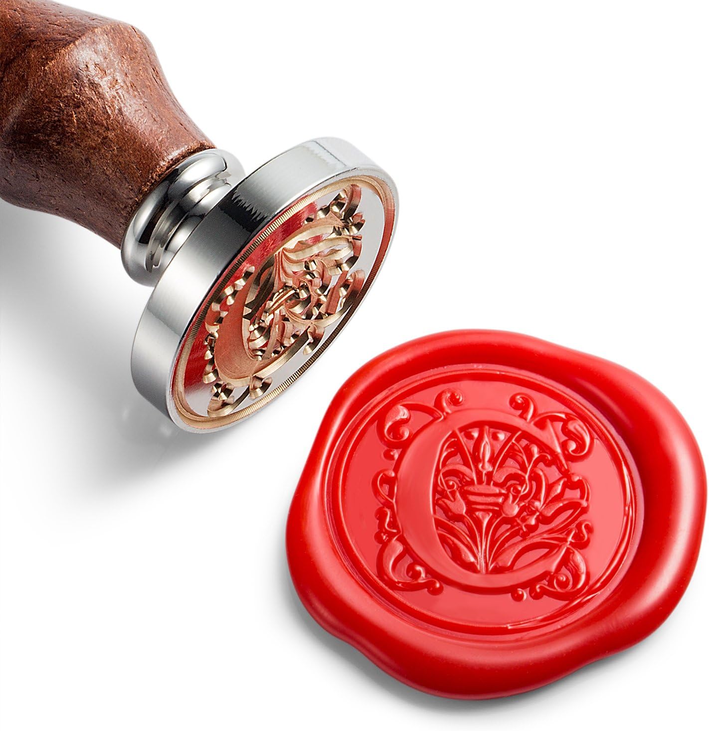 Mceal Wax Seal Stamp, Large Seal 1 1/5"(30mm) Dia, Silver Brass Head with Wooden Handle, Regal Letter A to Z Series (Letter C)