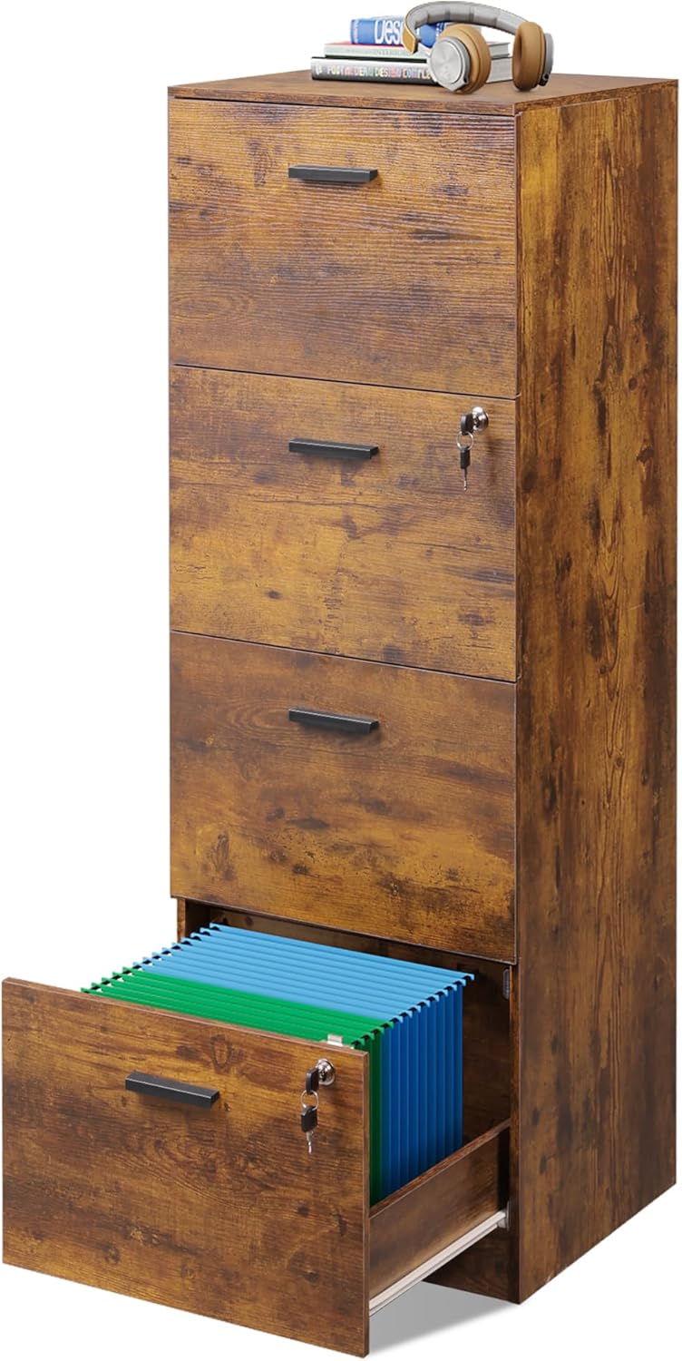 DEVAISE 4 Drawer File Cabinet with Lock, Vertical Filing Cabinet for A4/Letter Size Files, Wood Storage Organizer for Home Office, Rustic Brown